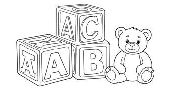 Detailed Outline of Alphabet Blocks With a B and C on Them. Add a Smiling Teddy Bear Sitting Beside Blocks vector