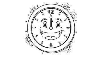 A Wall Clock With a Smiling Face Surrounded by Numbers and Hands Pointing to 900. Add Small Doodles Like Suns and Stars Around the Clock vector