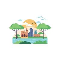 an illustration of a city with trees and buildings vector