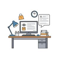 An illustration of a computer desk with a lamp, clock, and other items vector