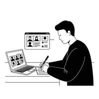 A man is working on a laptop with a group of people on the screen vector