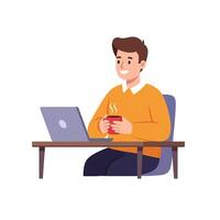 Man working on laptop with coffee and mug vector