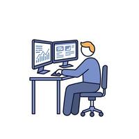 Man working on computer at desk with graphs and charts vector