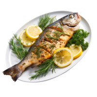 A fried trout with lemon and dill isolated on transparent background png