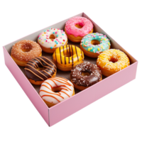 A box filled with lots of colorful donuts isolated on transparent background png