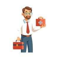 Instructor Showcasing First Aid Kit in Educational Setting vector