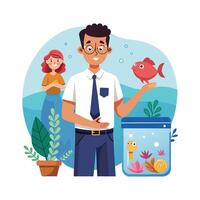 Inspiring Educator Presenting Fish Tank in Class vector