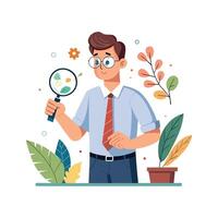 Dynamic Educator Using Magnifying Glass for Teaching. vector