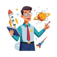 Dynamic Educator Showcasing Model Rocket in Class vector