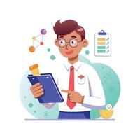 Inspiring Teacher Presenting Science Lab Notebook for Learning vector