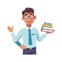 Inspiring Teacher Presenting Stack of Books for Class vector