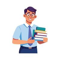 Inspiring Teacher Presenting Stack of Books for Learning vector