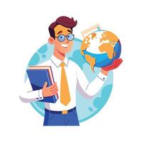 a man in glasses holding a globe and books vector