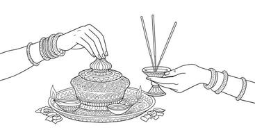 A drawing of two hands holding incense sticks vector