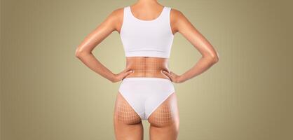 A woman stands confidently, highlighting her curves while engaging in body sculpting and contouring practices. The focus is on her back, showcasing skin care and pampering in action. photo