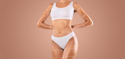 A woman engages in body sculpting and contouring, focusing on skin pampering and weight loss. This activity emphasizes feminine curves in a serene setting with blank space for text. photo