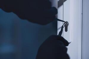 Forced Entry. Closeup of unrecognizable intruder in black gloves unlocking door with master key photo