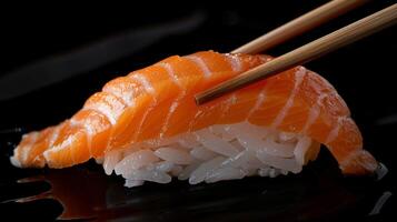 A piece of fresh salmon sushi is displayed on a black plate, with chopsticks poised above it, inviting diners to indulge in this Japanese delicacy during dinner time. photo