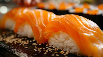 Delicate salmon slices rest on seasoned rice, arranged attractively on a wooden platter with sesame seeds adding texture, showcasing culinary artistry in a lively atmosphere. photo