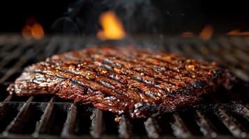 Juicy steak is being grilled on a barbecue with visible grill marks and spices. Smoke wafts around, creating an inviting outdoor atmosphere during a summer gathering. photo