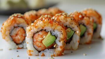 Delicious sushi rolls filled with shrimp and avocado, topped with orange fish roe are arranged neatly on a white plate, showcasing a tempting culinary masterpiece. photo