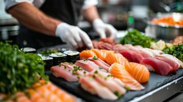 A chef skillfully prepares various types of sushi and sashimi in a busy kitchen. Fresh fish and garnishes are artfully displayed on a black stone surface. photo