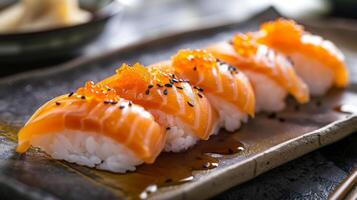 Delicate slices of fresh salmon rest atop sushi rice, garnished with black sesame seeds and a drizzle of sauce in an elegant dining setting. photo