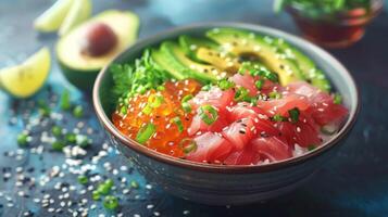 Vibrant bowl contains diced salmon, fish roe, and avocado slices arranged beautifully. Garnished with sliced green onion, sesame seeds, and served with lime on a textured background. photo