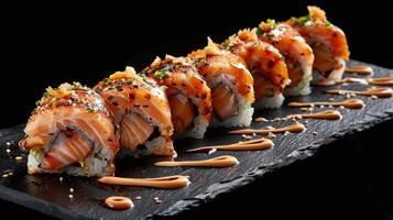 Exquisite sushi rolls are neatly arranged on a dark surface, showcasing brightly colored salmon, garnished with herbs and a drizzle of sauce, inviting food lovers to indulge. photo