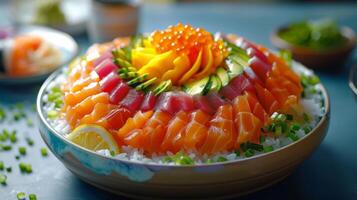 A beautifully crafted sashimi platter showcases an array of colorful fish including salmon and tuna, artfully garnished with vegetables and a hint of citrus, creating an inviting culinary display. photo