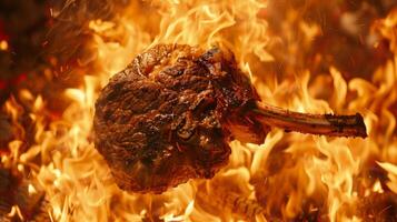 A large steak cooks over roaring flames in a backyard, surrounded by warm colors of the evening sky. The scene embodies the excitement of a summer barbecue gathering with friends. photo