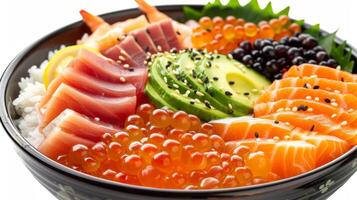 A sashimi bowl showcases an array of fresh seafood including salmon, tuna, and roe, beautifully presented on a bed of rice, garnished with slices of avocado and sprinkled with sesame seeds. photo