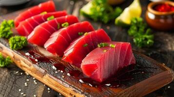 Slices of bright red tuna sashimi are artfully arranged on a wooden platter, garnished with herbs and served with sauces and lemon wedges in a contemporary dining atmosphere. photo