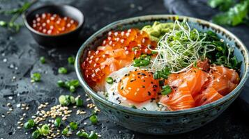 A beautifully arranged sushi bowl features salmon sashimi, avocado, a perfectly cooked egg, and fresh greens. The dish is garnished with scallions and sesame seeds, creating an appetizing look. photo