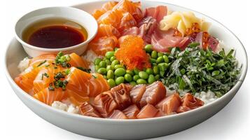 A vibrant bowl showcases an array of fresh sushi and sashimi with rice, garnished with green edamame, seaweed, and orange roe, accompanied by soy sauce for dipping, enjoyed at noon. photo