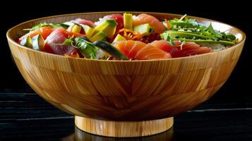 A beautifully arranged bowl filled with vibrant sushi featuring various types of sashimi, fresh vegetables, and rice, creating an inviting display perfect for sharing in a modern dining space. photo