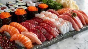 A variety of sushi is artfully arranged on a stone plate. The display includes different types of sashimi, rolls, and garnishes, creating a vibrant culinary experience. photo
