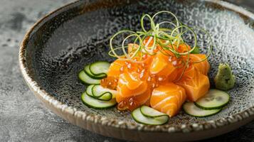 Chunks of fresh salmon sashimi are elegantly arranged on a textured ceramic plate, garnished with green onion and served with thinly sliced cucumbers and wasabi. photo