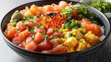 A vibrant bowl filled with various types of fresh sashimi including salmon and ikura, garnished with green onions and wasabi, resting on a rustic table surface. photo