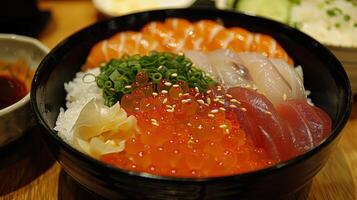 A bowl filled with an assortment of colorful sashimi, including salmon, tuna, and roe, is presented over white rice garnished with green onions and pickled vegetables in a Japanese restaurant setting. photo