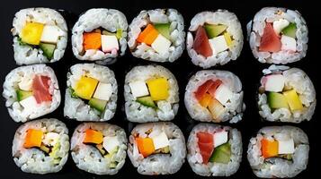 An assortment of colorful sushi rolls, laid out in a neat pattern on a black surface highlights the fresh ingredients and artistic presentation of this popular Japanese dish. photo