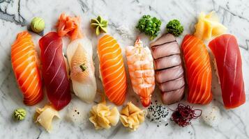 A vibrant selection of fresh sushi rolls and sashimi is artfully arranged on a marble surface, showcasing various seafood and garnishes at a sushi dining establishment. photo