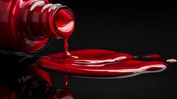 Bright red nail polish is elegantly spilling from its bottle onto a smooth black surface, creating an artistic impression perfect for makeup lovers and beauty enthusiasts. photo
