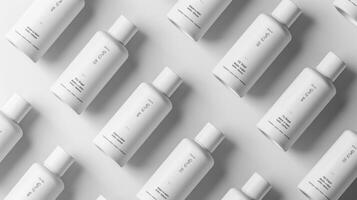 A collection of white skincare bottles is arranged neatly on a smooth surface. Each bottle features a simple design that emphasizes minimalism, contributing to a tranquil atmosphere. photo