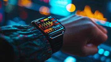 A person examines their smartwatch showing heart rate data and health metrics in bright colors, surrounded by a dynamic technology environment at night. photo