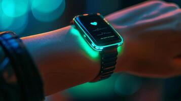 A smartwatch shows heart rate measurements while worn on a wrist, with vibrant colors illuminating the display at night, emphasizing health tracking features. photo