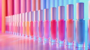 A collection of nail polish bottles is lined up in a striking gradient. Bright pastel colors reflect a playful and artistic atmosphere, suitable for beauty enthusiasts. photo