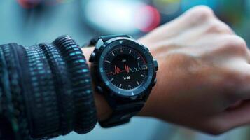 Individual wearing a black smartwatch checks fitness metrics on a sunny day in an urban area, showcasing heart rate and tracking progress towards health goals. photo