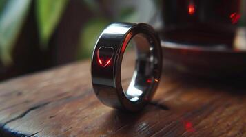A shiny silver ring featuring a heart shape is placed on a weathered wooden table beside a steaming cup of tea, creating a warm and inviting atmosphere. photo