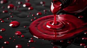 Red paint flowing from a bottle forms smooth ripples on a black background, creating an eye catching contrast and inviting artistic expression. The drops add depth and texture to the design. photo